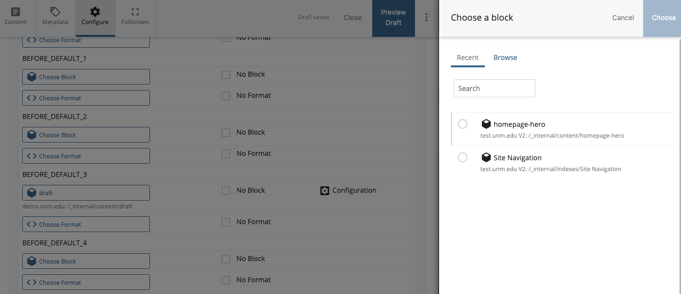 screenshot of cascade displaying the interface for choosing a content block